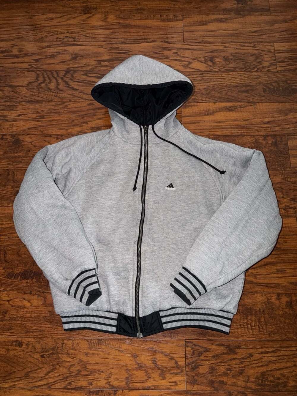 Vintage Adidas Reversible Hooded Bomber Jacket Gray Black Full Zip